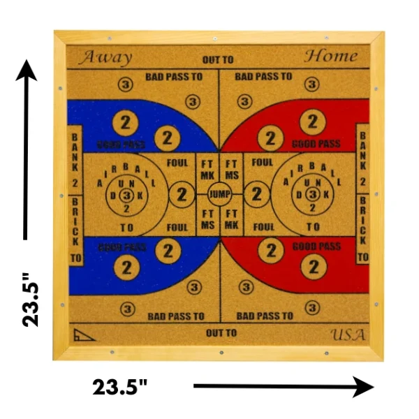 A basketball themed dartboard with dimensions labeled: 23.5"x23.5"